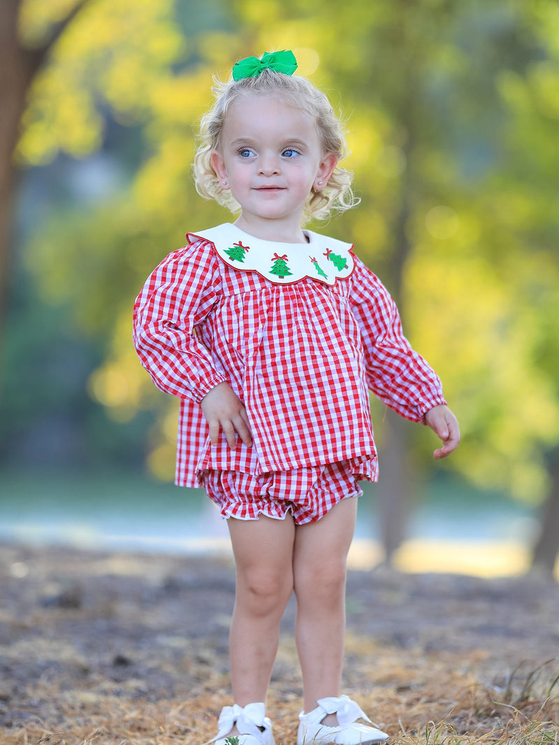 Christmas Tree Embroidery Red Gingham Long Sleeve Baby Girl Bloomers Set - 6
