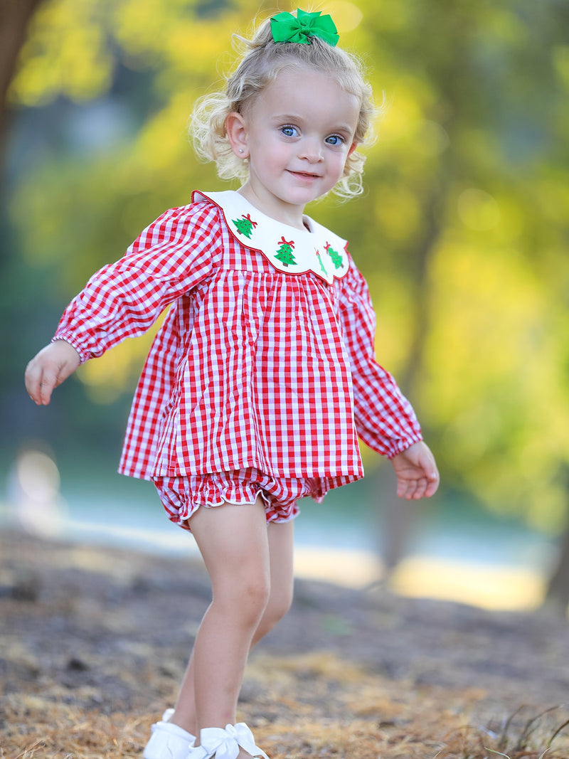 Christmas Tree Embroidery Red Gingham Long Sleeve Baby Girl Bloomers Set - 5