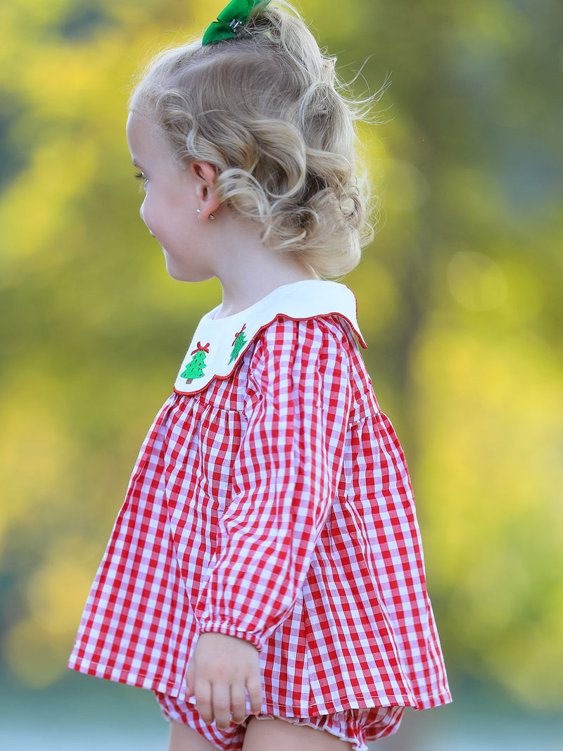 Christmas Tree Embroidery Red Gingham Long Sleeve Baby Girl Bloomers Set - 4