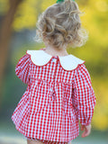 Christmas Tree Embroidery Red Gingham Long Sleeve Baby Girl Bloomers Set - 3