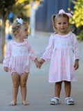 Pink Plaid Ruffle Ballet Shoe Embroidery Long Sleeve Romper - 6