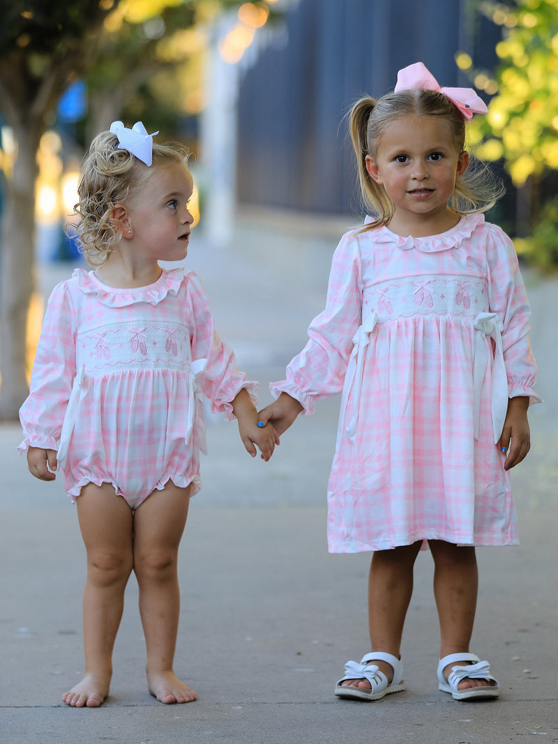 Pink Plaid Ruffle Ballet Shoe Embroidery Long Sleeve Romper - 6