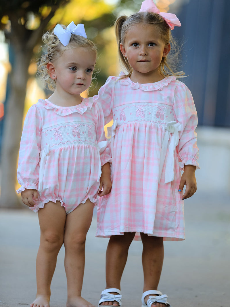 Pink Plaid Ruffle Ballet Shoe Embroidery Long Sleeve Romper - 5