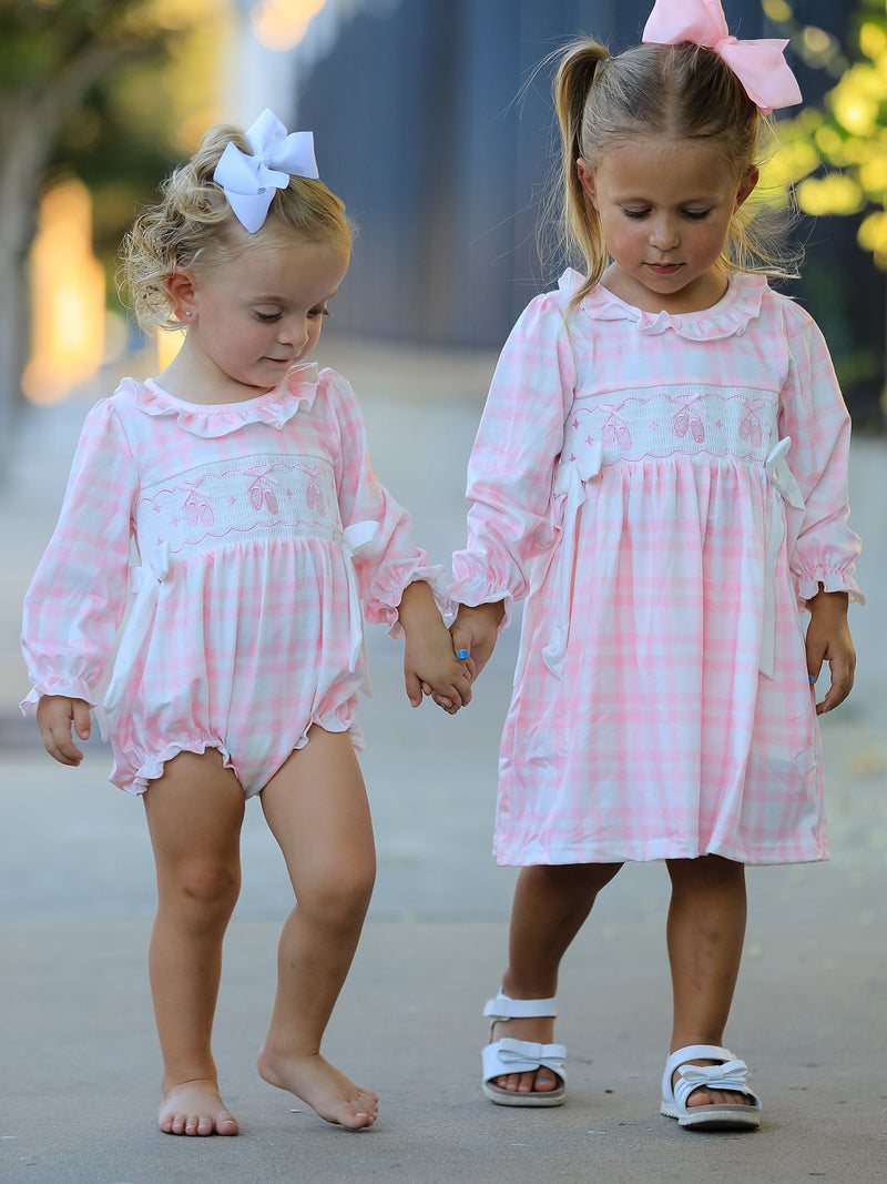 Pink Plaid Ruffle Ballet Shoe Embroidery Long Sleeve Dress - 7