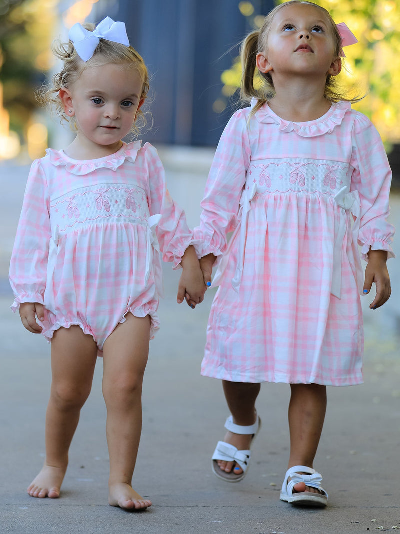 Pink Plaid Ruffle Ballet Shoe Embroidery Long Sleeve Dress - 8