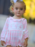 Pink Plaid Ruffle Ballet Shoe Embroidery Long Sleeve Romper - 1