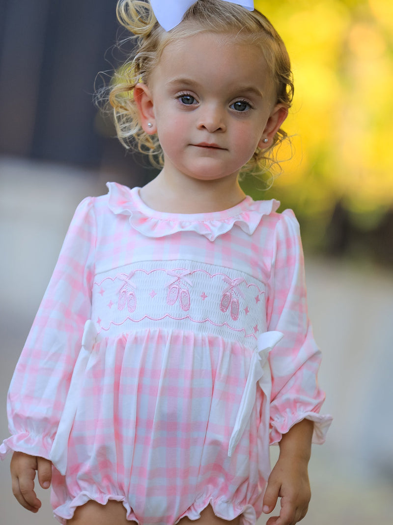 Pink Plaid Ruffle Ballet Shoe Embroidery Long Sleeve Romper - 1