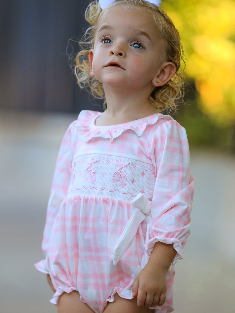 Pink Plaid Ruffle Ballet Shoe Embroidery Long Sleeve Romper - 4