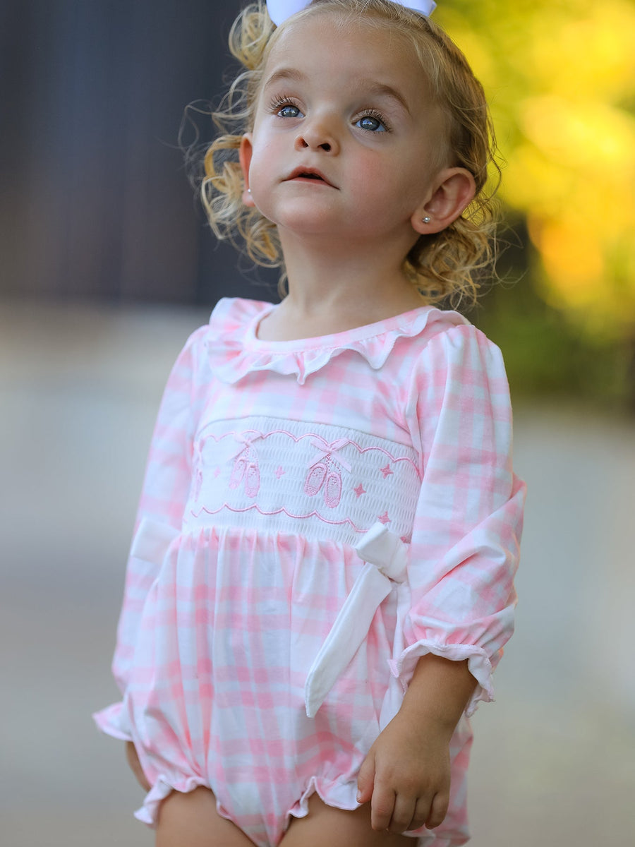 Pink Plaid Ruffle Ballet Shoe Embroidery Long Sleeve Romper