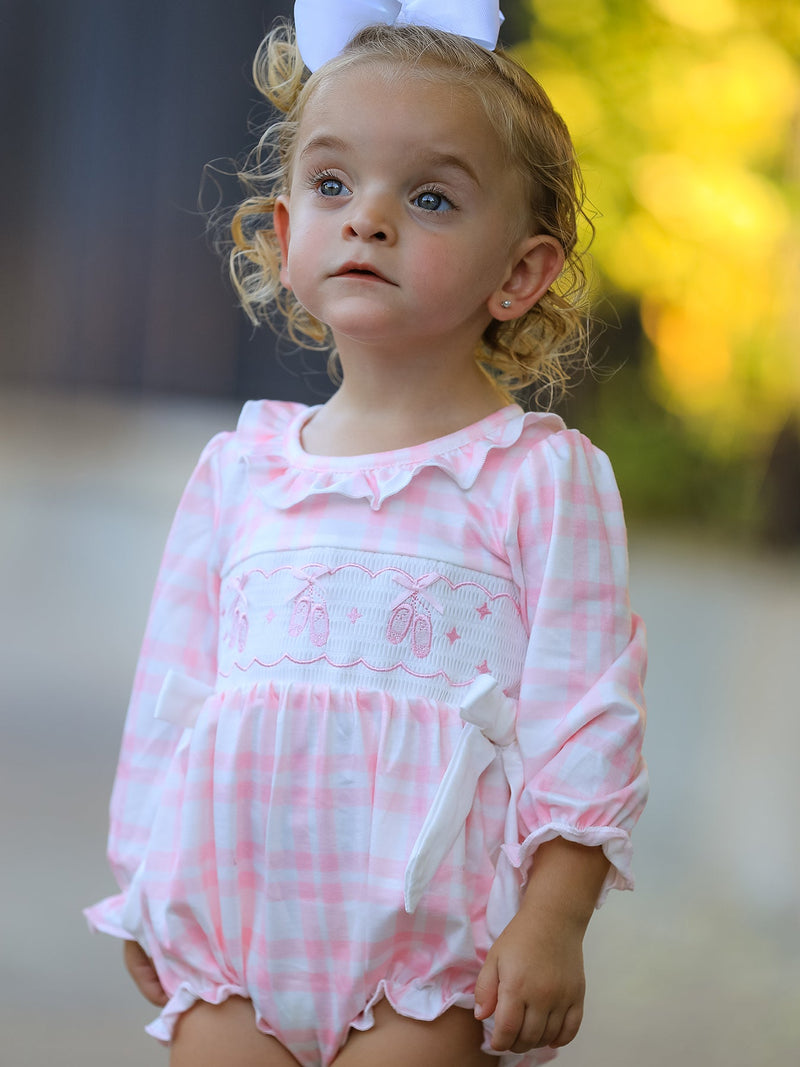 Pink Plaid Ruffle Ballet Shoe Embroidery Long Sleeve Romper - 2