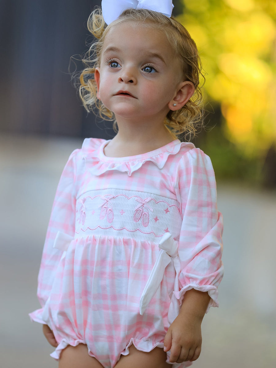Pink Plaid Ruffle Ballet Shoe Embroidery Long Sleeve Romper