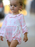 Pink Plaid Ruffle Ballet Shoe Embroidery Long Sleeve Romper - 3