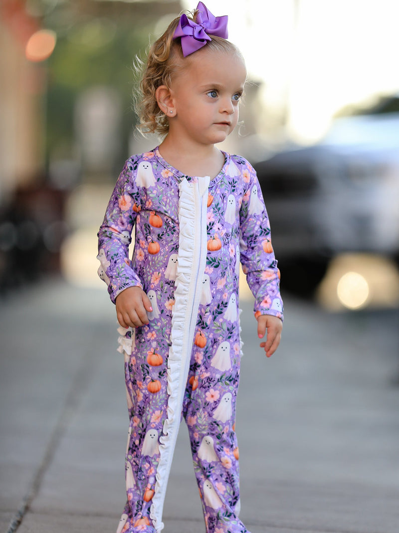 Halloween Ghost Pumpkin Girls Romper Ruffle Zipper - 5