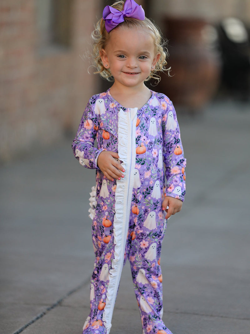Halloween Ghost Pumpkin Girls Romper Ruffle Zipper - 1