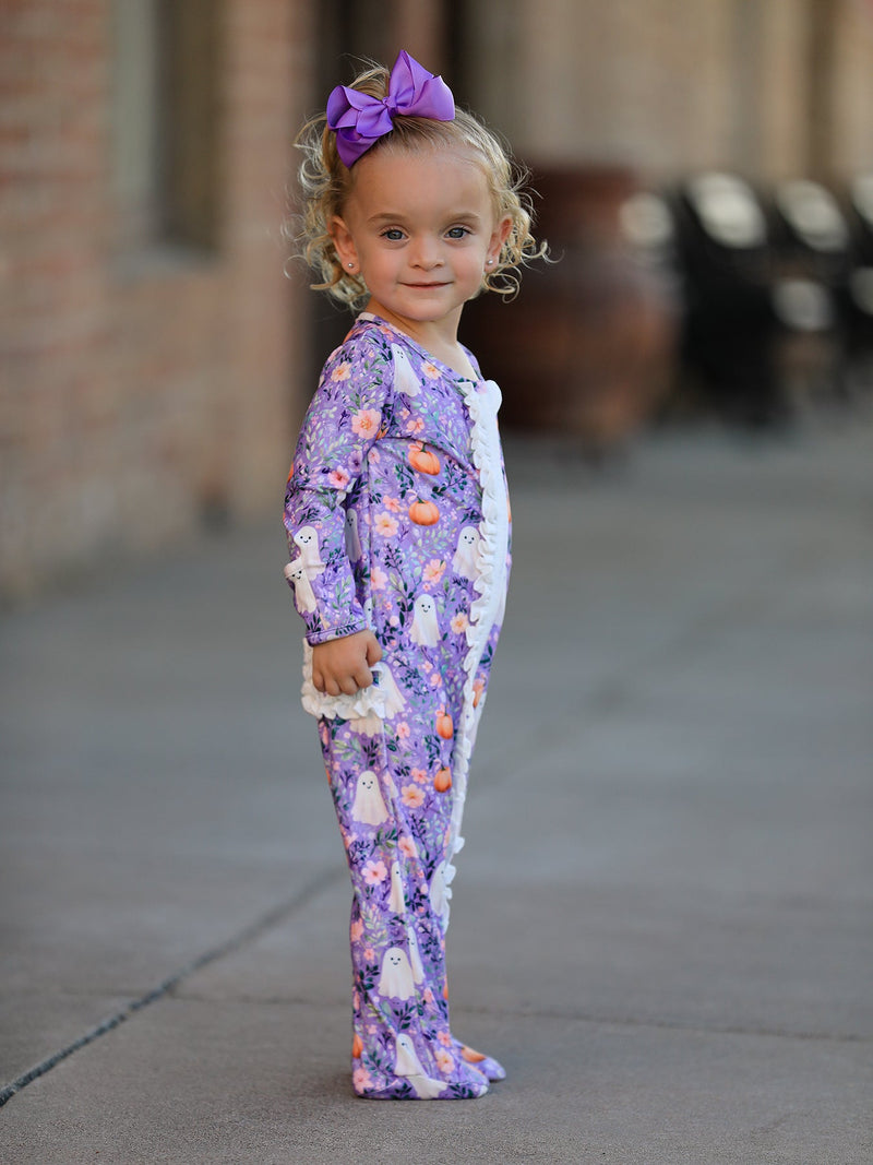 Halloween Ghost Pumpkin Girls Romper Ruffle Zipper - 3