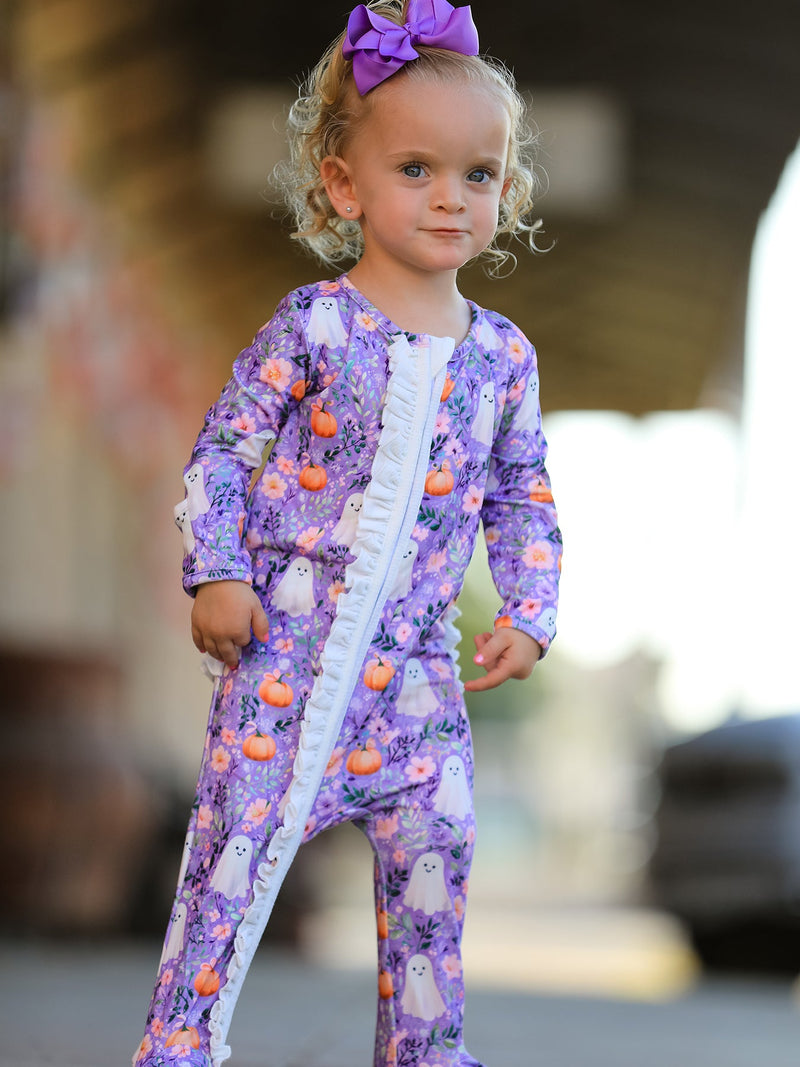 Halloween Ghost Pumpkin Girls Romper Ruffle Zipper - 4