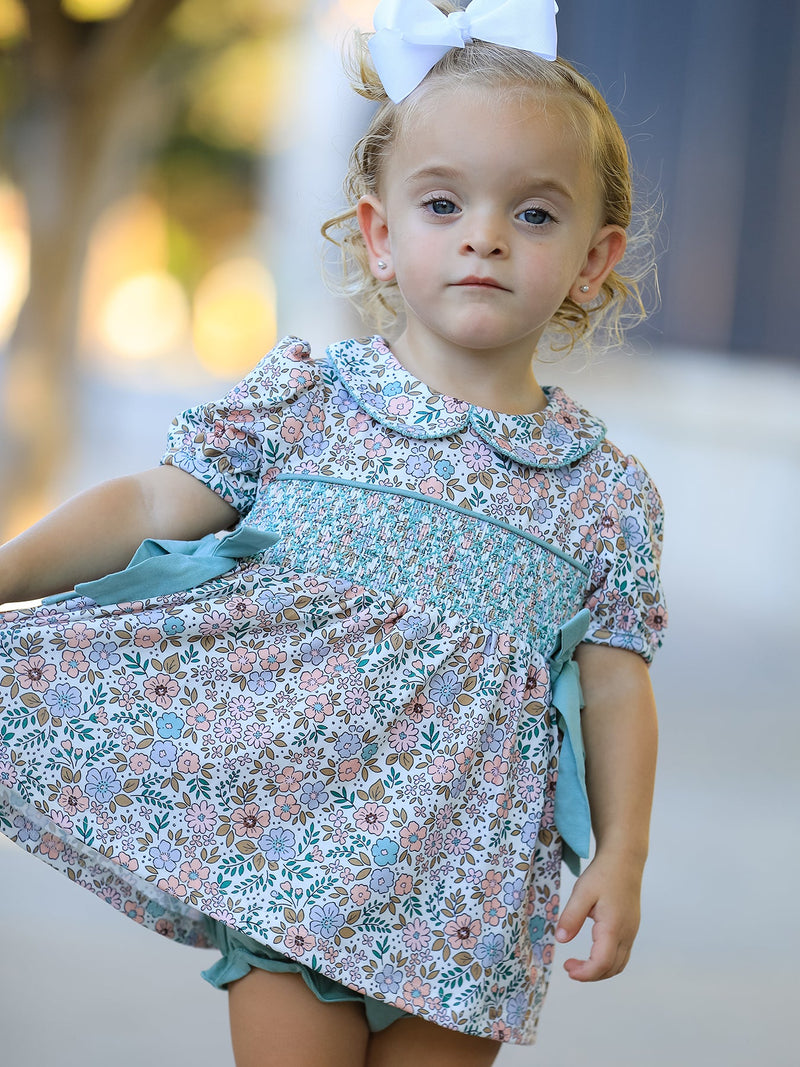 Sage Green Floral Smocked Girl Bloomer Set - 1