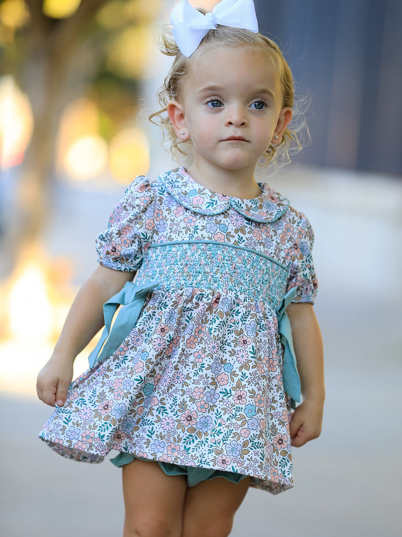Sage Green Floral Smocked Girl Bloomer Set - 2