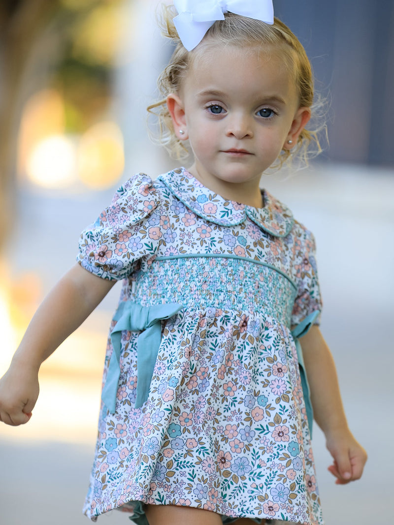 Sage Green Floral Smocked Girl Bloomer Set - 3
