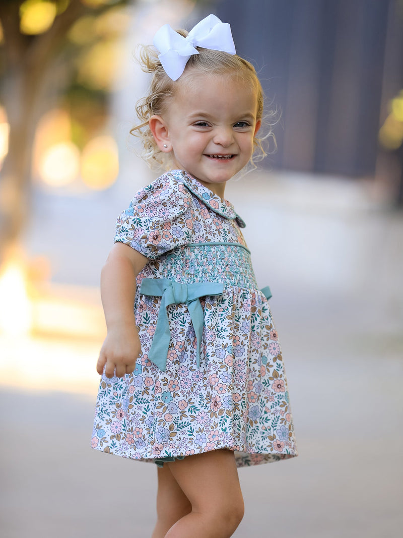 Sage Green Floral Smocked Girl Bloomer Set - 4