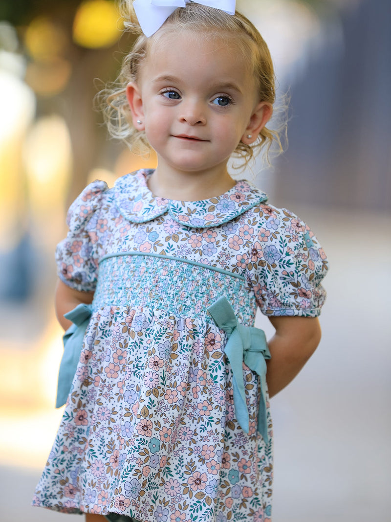 Sage Green Floral Smocked Girl Bloomer Set - 5