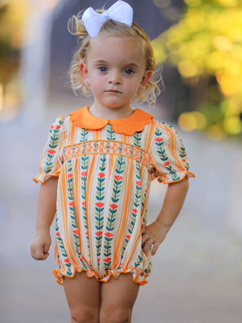 Fall Floral Stripe Baby Girls Romper Petals Collar Smocked - 2