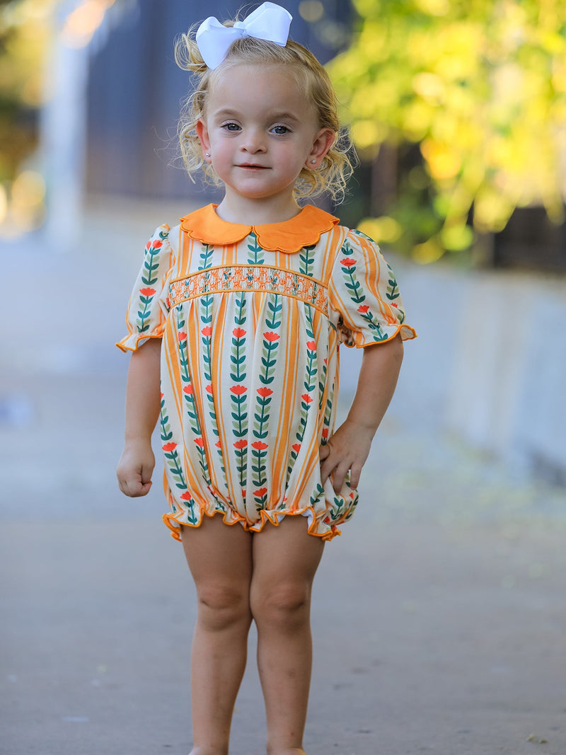 Fall Floral Stripe Baby Girls Romper Petals Collar Smocked - 5