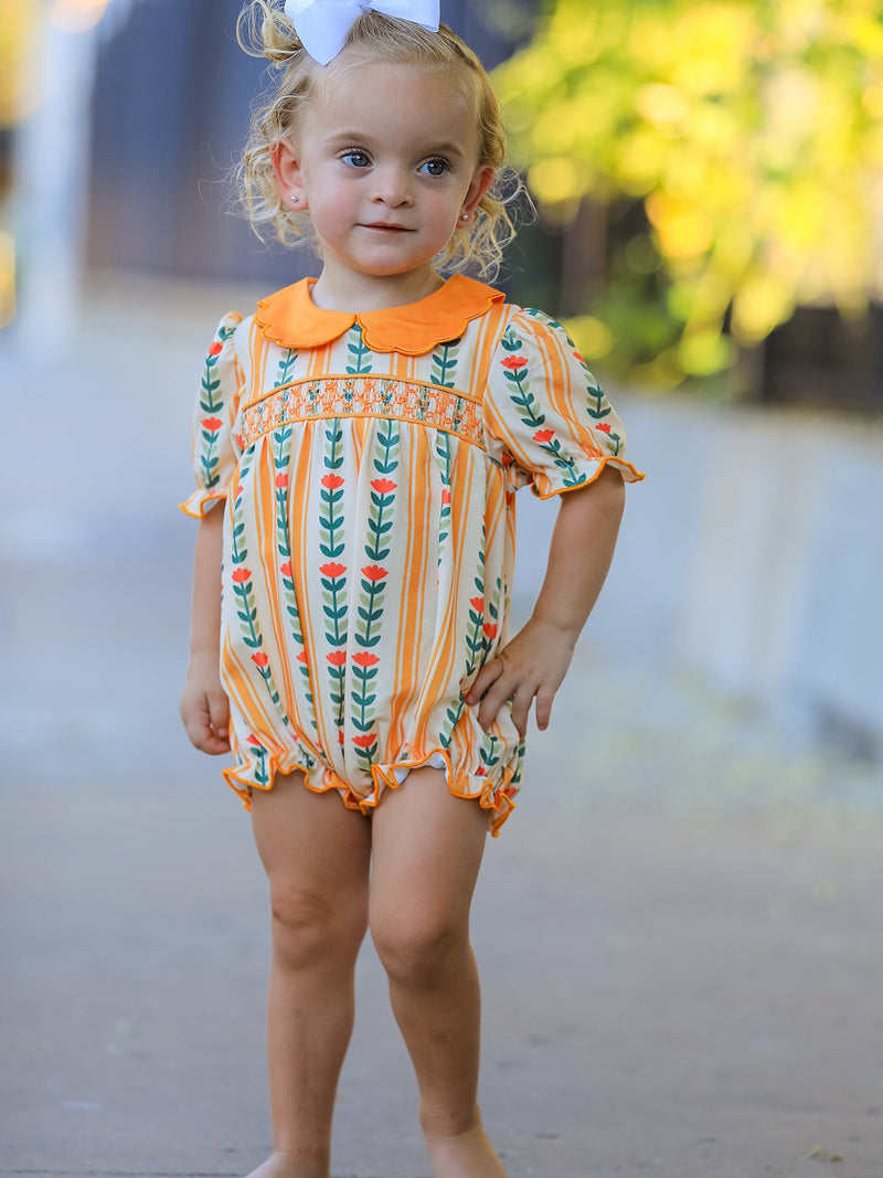 Fall Floral Stripe Baby Girls Romper Petals Collar Smocked - 3