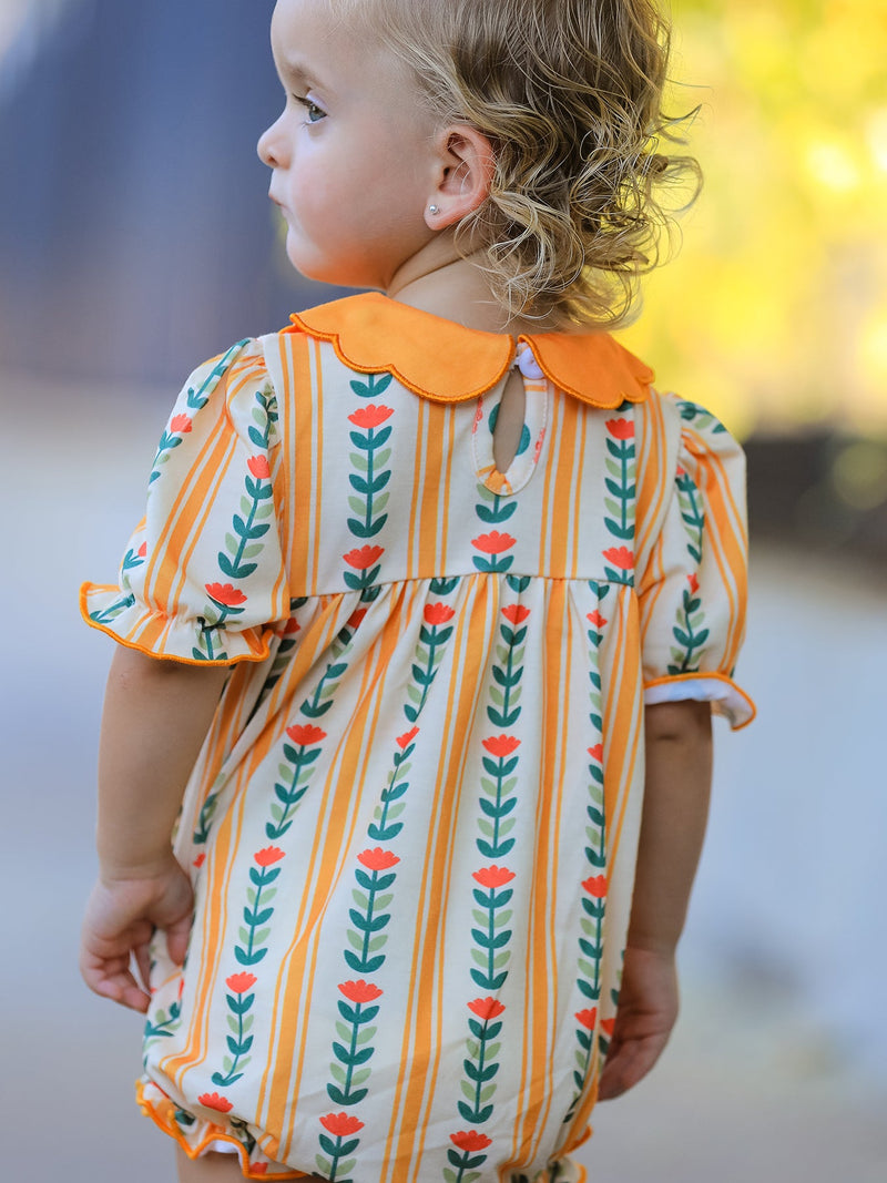 Fall Floral Stripe Baby Girls Romper Petals Collar Smocked - 4