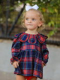 Fall Plaid Girl Set Petal Collar Puff Sleeve Bloomer - 1