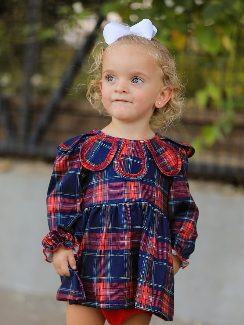 Fall Plaid Girl Set Petal Collar Puff Sleeve Bloomer - 1