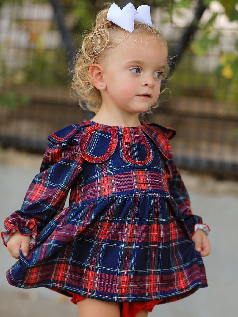 Fall Plaid Girl Set Petal Collar Puff Sleeve Bloomer - 2