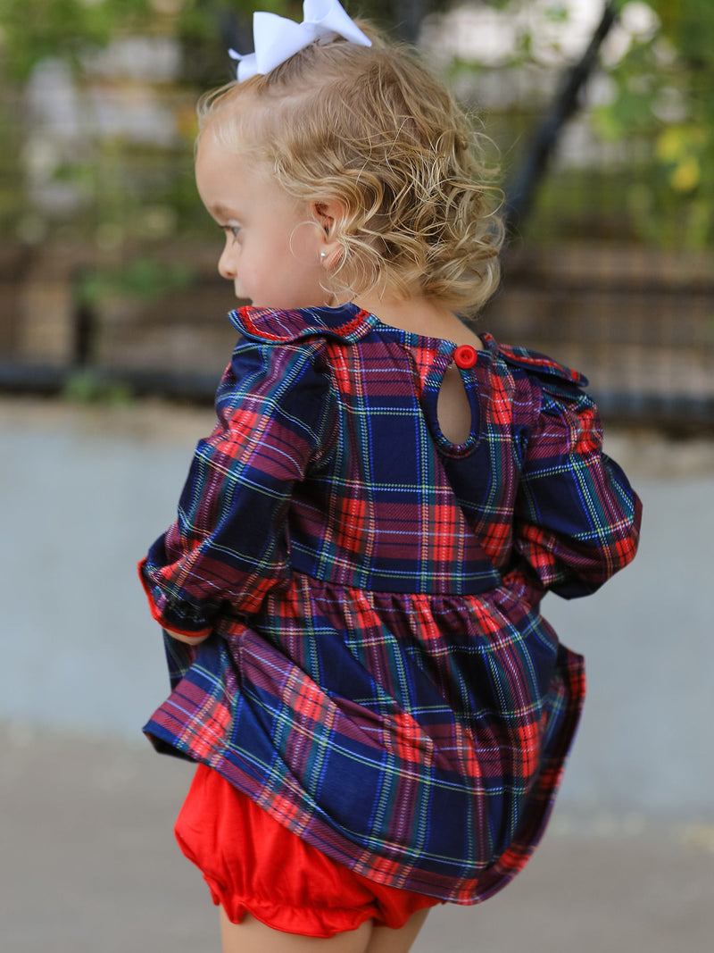 Fall Plaid Girl Set Petal Collar Puff Sleeve Bloomer - 4