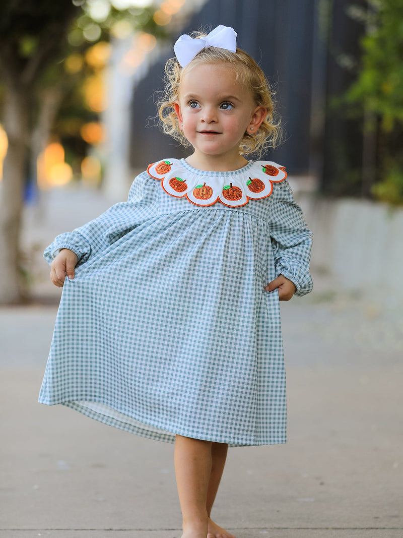Halloween Thanksgiving Pumpkin Embroidery Girls Dress Peter Pan Collar - 6