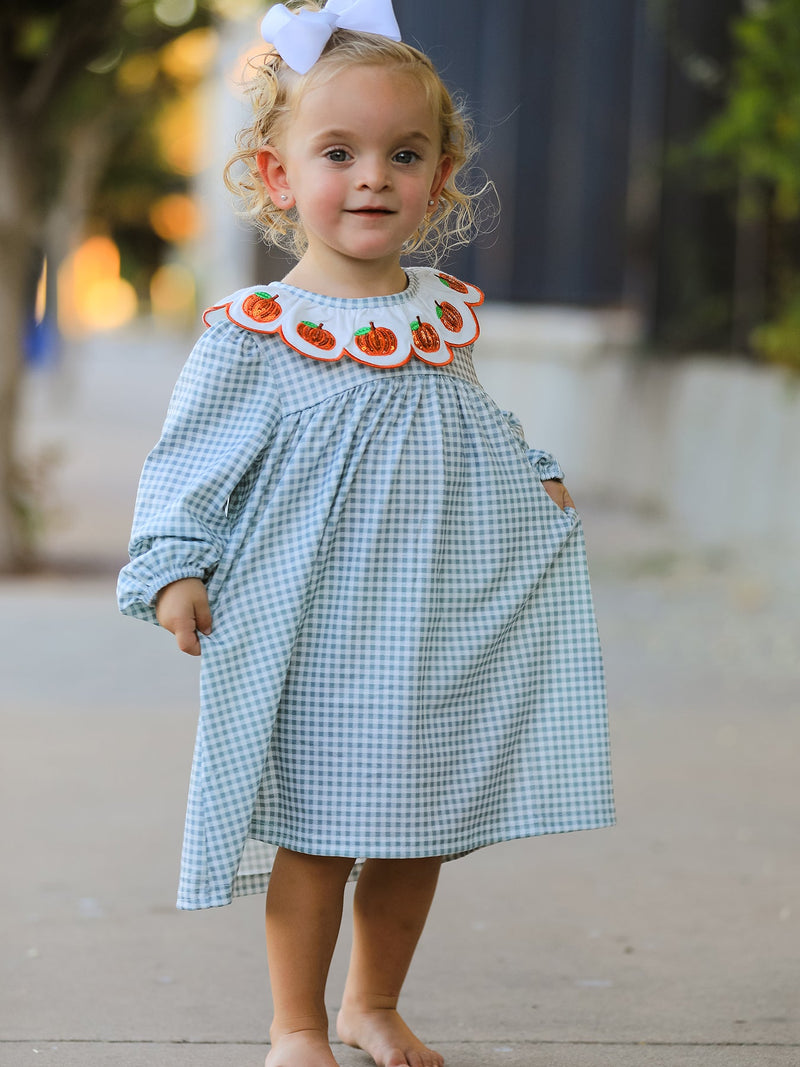 Halloween Thanksgiving Pumpkin Embroidery Girls Dress Peter Pan Collar - 4