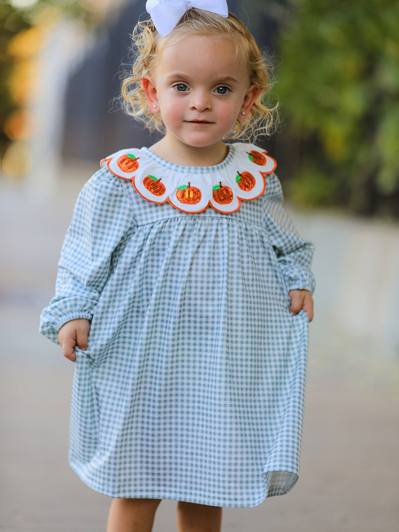 Halloween Thanksgiving Pumpkin Embroidery Girls Dress Peter Pan Collar - 1