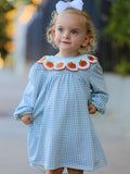 Halloween Thanksgiving Pumpkin Embroidery Girls Dress Peter Pan Collar - 2