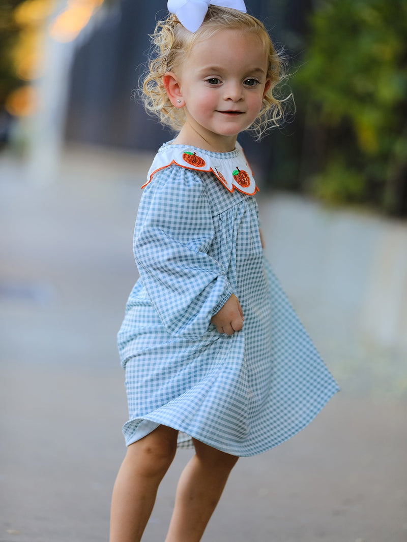 Halloween Thanksgiving Pumpkin Embroidery Girls Dress Peter Pan Collar - 3
