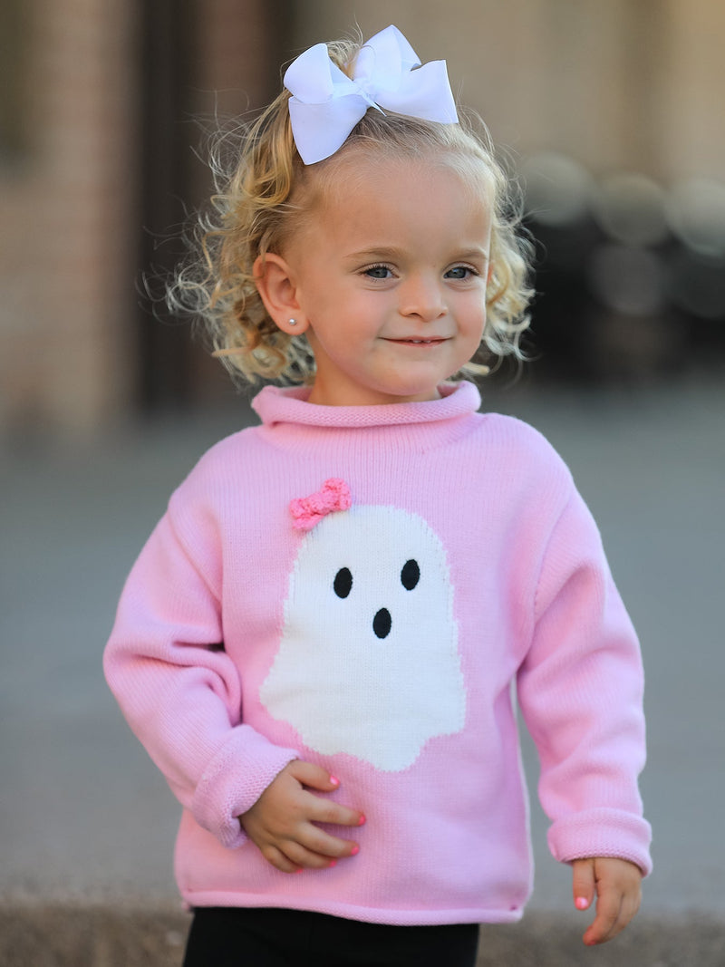 Girls Ghost Bow Knit Sweater Halloween Cute Embroidered Pullover - 1