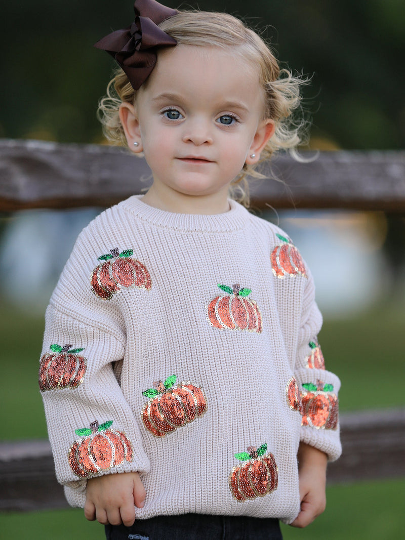Thanksgiving Pumpkin Sequin Sweater – Beige, Perfect for Fall - 2