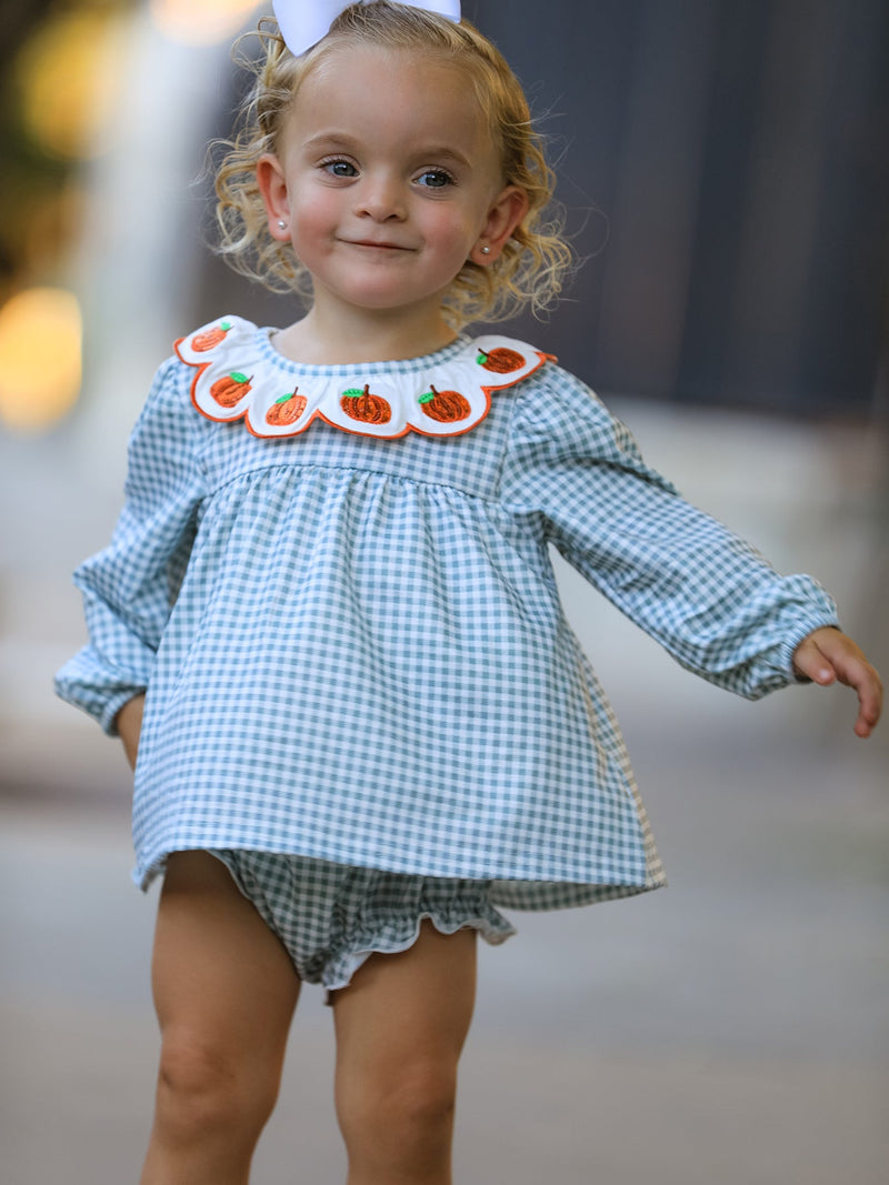 Halloween Thanksgiving Embroidered Pumpkin Girls Bloomer Set - 1