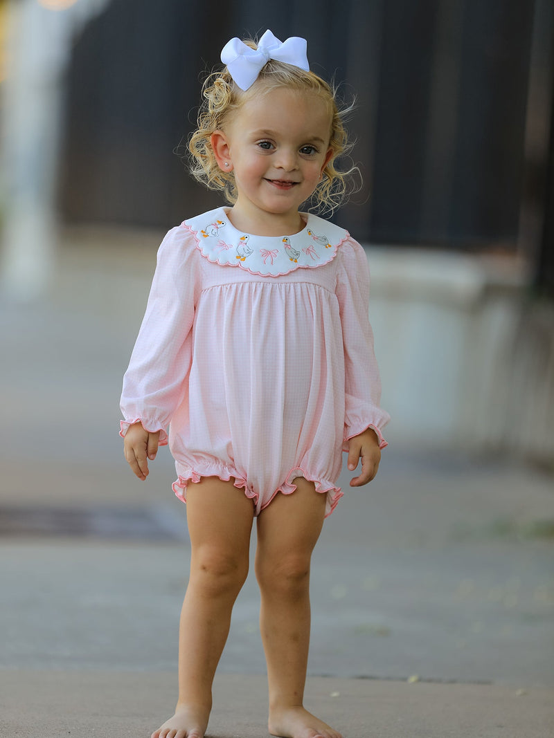 Pink Duck Embroidered Baby Girl Romper Ruffle Collar - 2