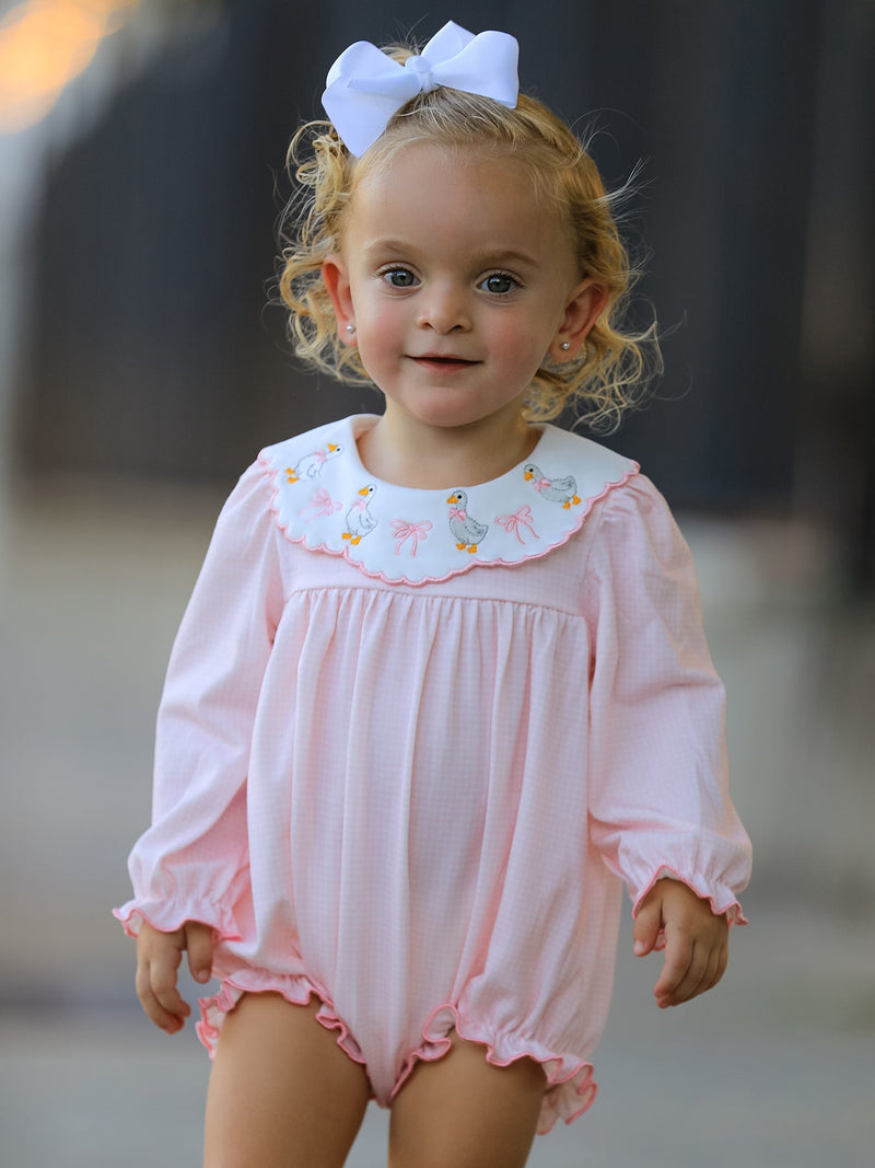Pink Duck Embroidered Baby Girl Romper Ruffle Collar - 1
