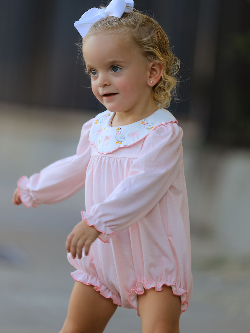 Pink Duck Embroidered Baby Girl Romper Ruffle Collar - 3