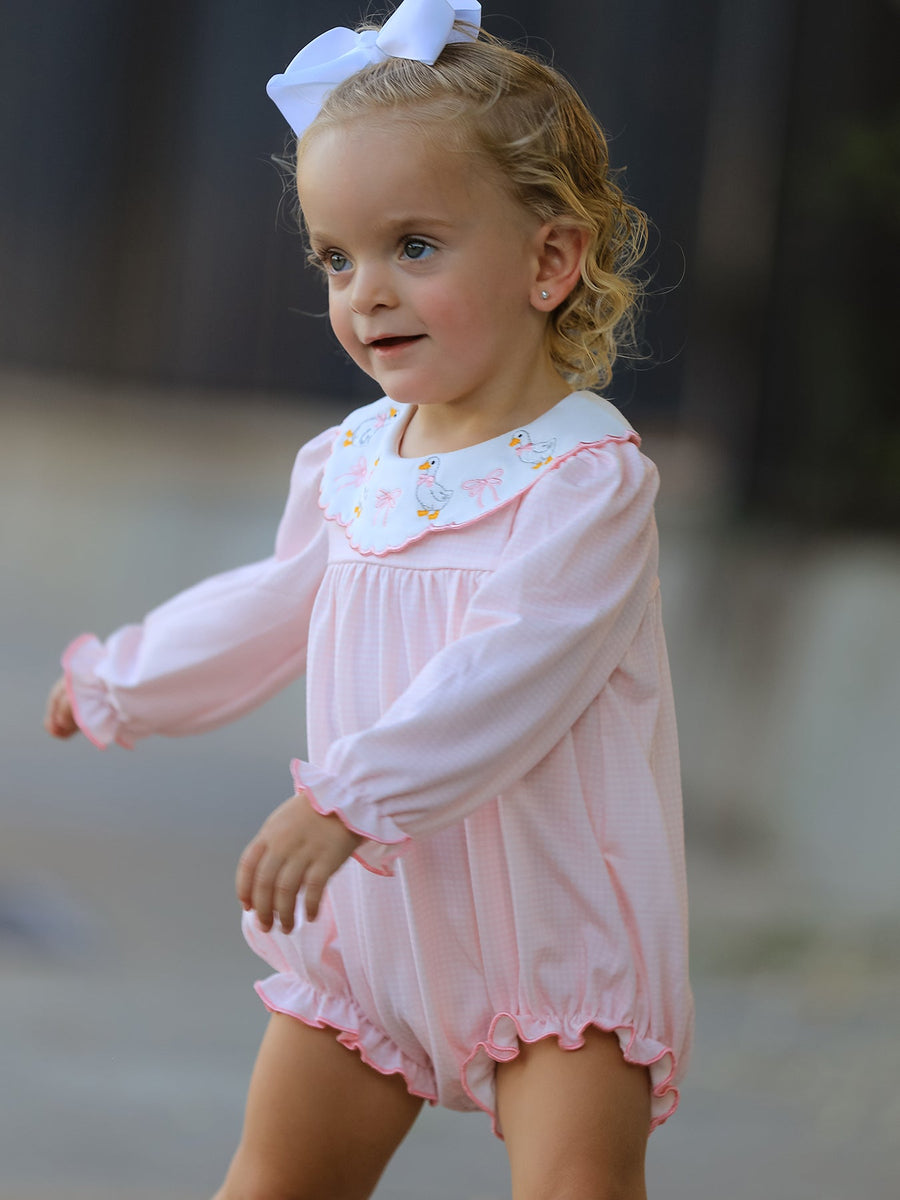 Pink Duck Embroidered Baby Girl Romper Ruffle Collar