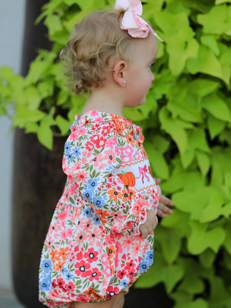 Fall Halloween & Thanksgiving Pumpkin Bow Smock Embroidered Floral Baby Girl Romper - 3