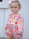 Fall Halloween & Thanksgiving Pumpkin Bow Smock Embroidered Floral Baby Girl Romper - 5