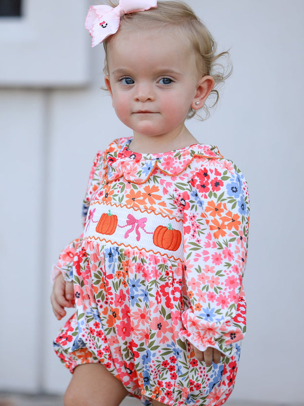Fall Halloween & Thanksgiving Pumpkin Bow Smock Embroidered Floral Baby Girl Romper