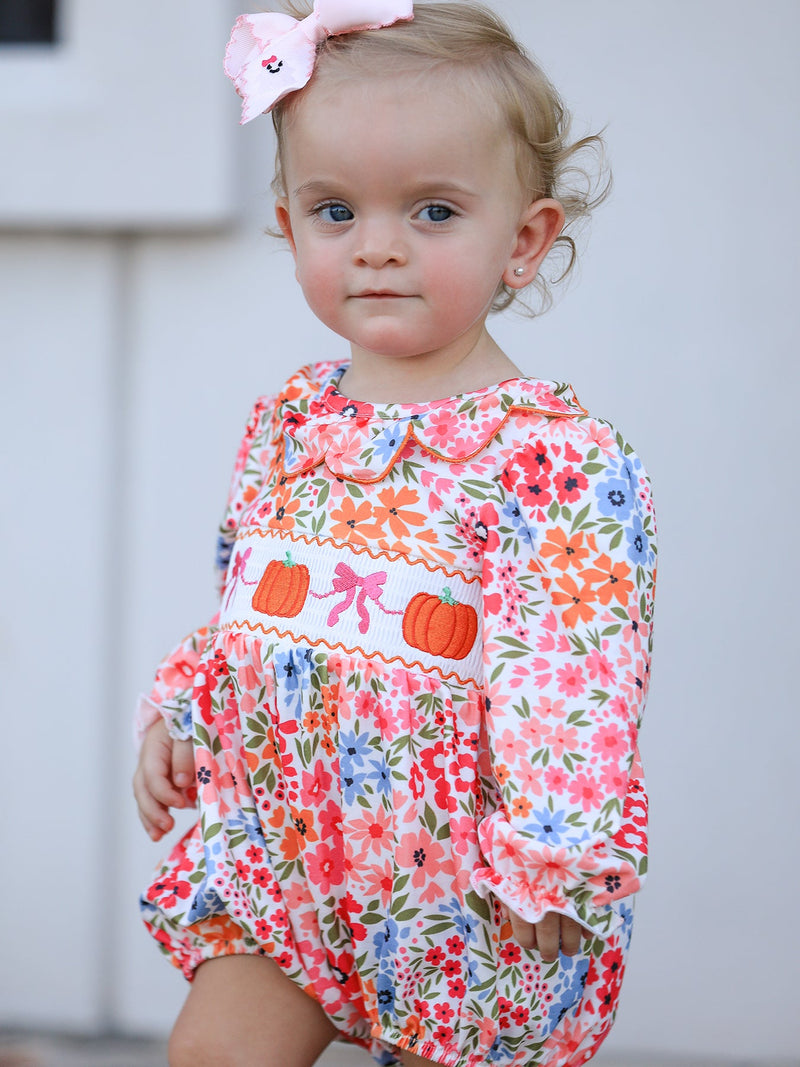 Fall Halloween & Thanksgiving Pumpkin Bow Smock Embroidered Floral Baby Girl Romper - 5