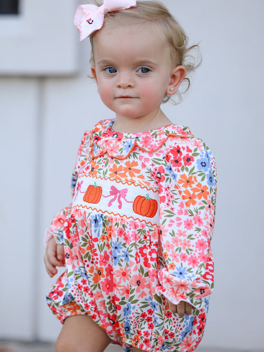 Fall Halloween & Thanksgiving Pumpkin Bow Smock Embroidered Floral Baby Girl Romper